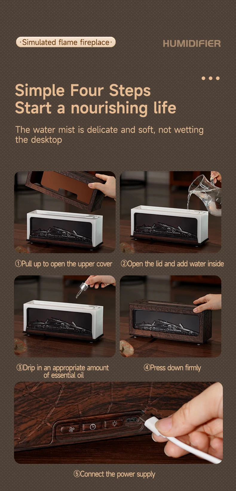 Air Humidifier Essential Oil Diffuser Flame Aroma Humidifier Home Room Fragrance Diffuser with Night Light Aromatherapy Diffuser