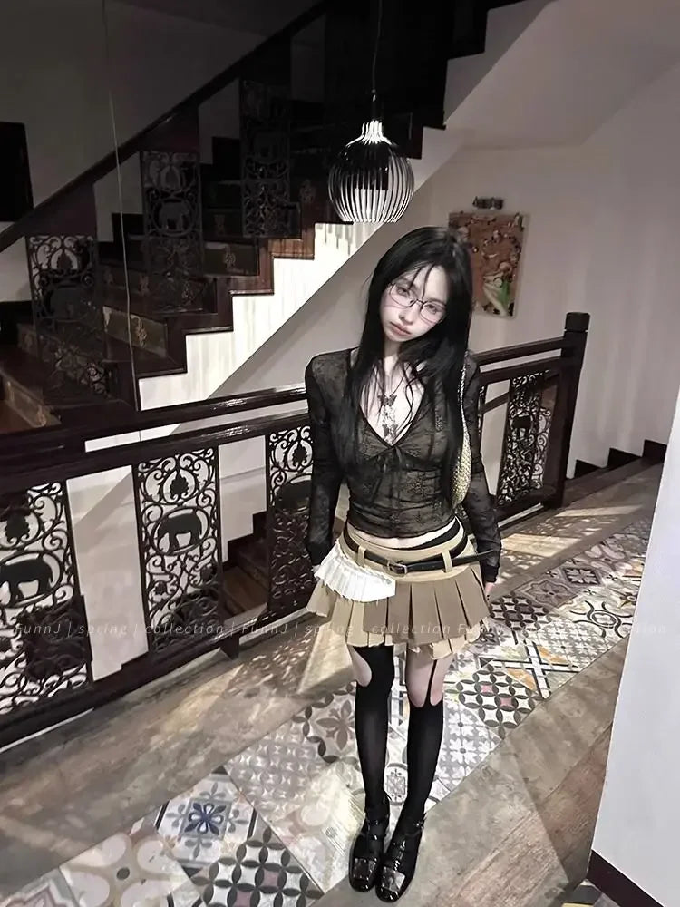 Coquette Aesthetic Mesh T Shirts Women Vintage V Neck Lace Bow Cropped Tops Y2k Sexy Slim Fit Long Sleeve Tee Shirts