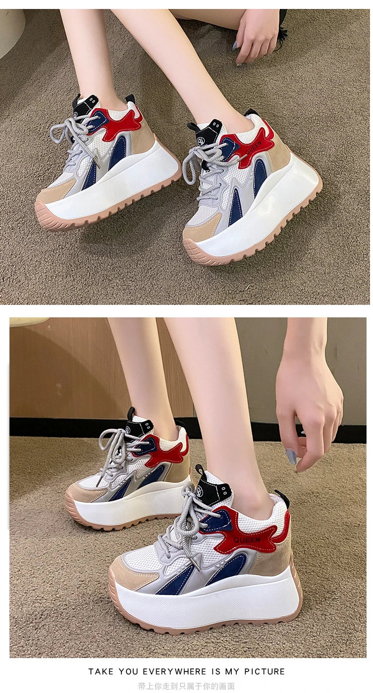 Women Chunky Sneakers 2025 Autumn Breathable Mesh Casual Shoes 11CM Wedge Heels Platform Shoes Chaussures Femme Sports Dad Shoes