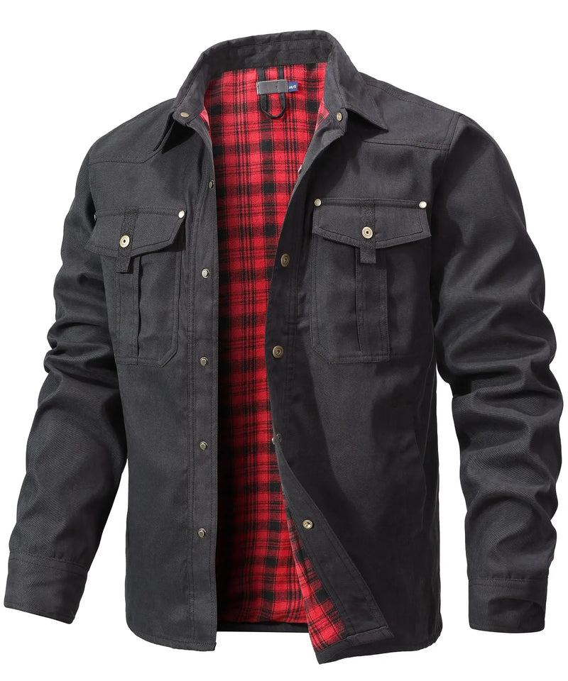 Men’s Flannel-Lined Shirt Jacket – Casual Snap Button Overshirt for Spring & Autumn