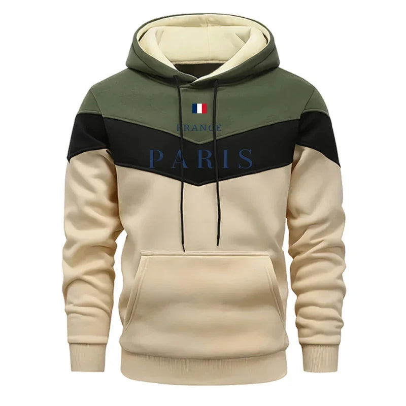 Men’s Tricolor Print Hoodie – Casual Pullover Sweatshirt for Autumn and Winter Sportswear