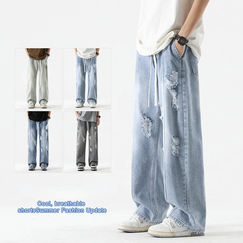 Men’s Summer Loose Ripped Jeans – Retro Straight-Leg Denim Pants with Drawstring Waist, Casual Streetwear Style
