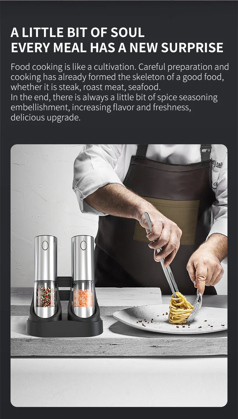 Electric Salt and Pepper Grinder Set with USB Charging Base Large Capacity Adjustable Coarseness Stainless Steel Automatic Mills