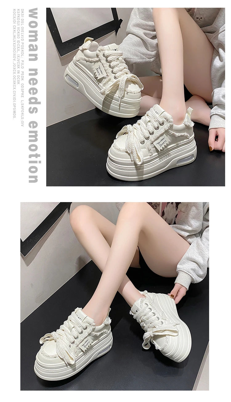 Fashion Chunky Sneakers Women Autumn Lace Up Platform Sports Shoes 8CM Thick Bottom High Heels Female Leather Sneakers Woman
