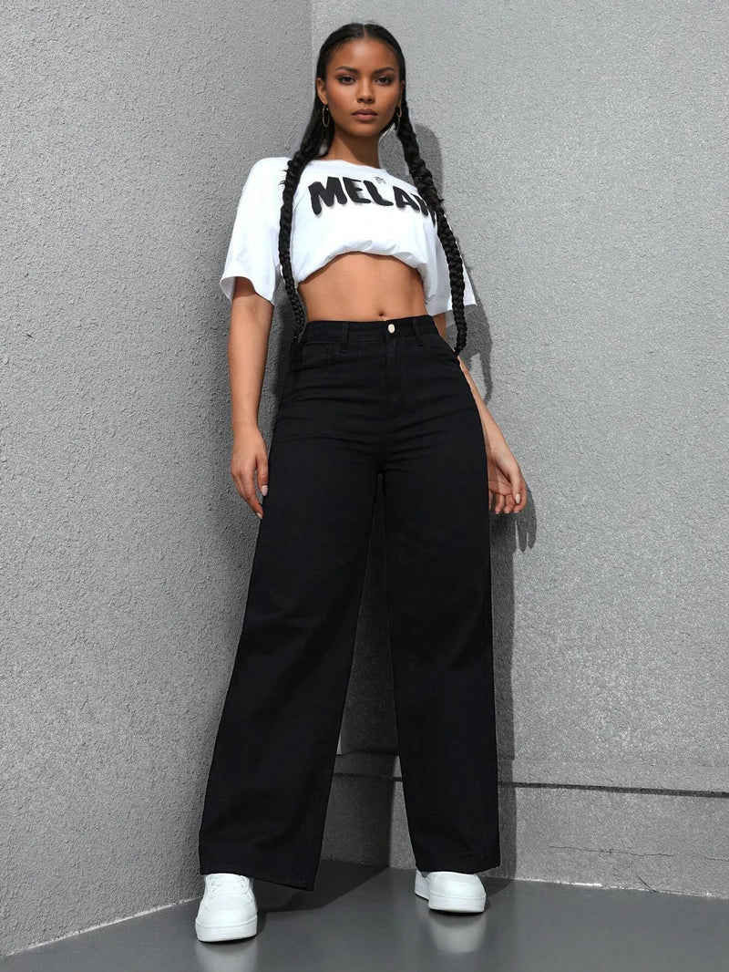 Retro Loose Wide Leg Jeans Fashion Women Solid Straight Wash High Elastic Waist Denim Pants Casual Streetwear Pocket Trousers