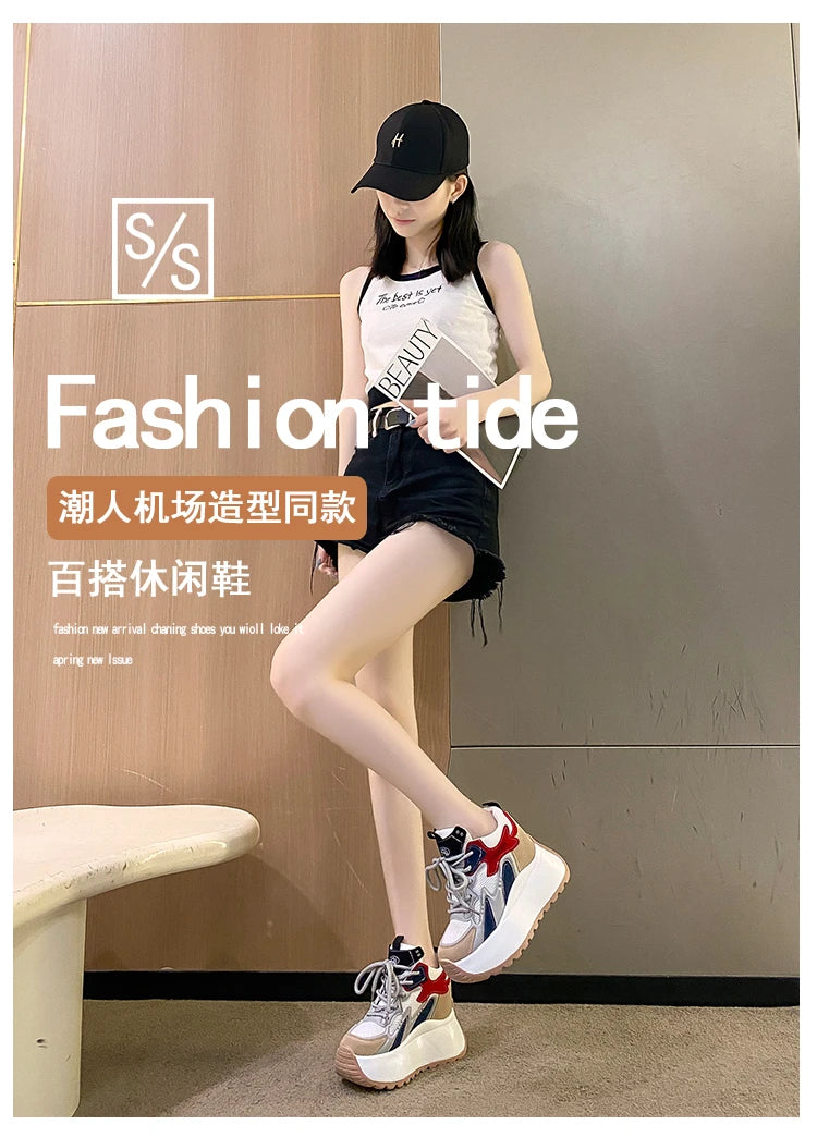 Women Chunky Sneakers 2025 Autumn Breathable Mesh Casual Shoes 11CM Wedge Heels Platform Shoes Chaussures Femme Sports Dad Shoes