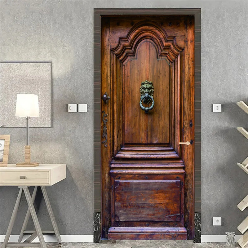 Wooden Door Mural Decal Sticker Peel and Stick Removable Self-Adhesive Brown Wood Grain Red Brick Door Wallpaper for Home Decor