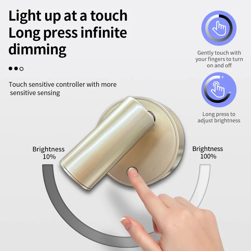 LED Light Magnetic Rechargeable Wall light Spotlight Wireless No Punch Reading Light With Touch Switch Dimmable Bedside Lamp