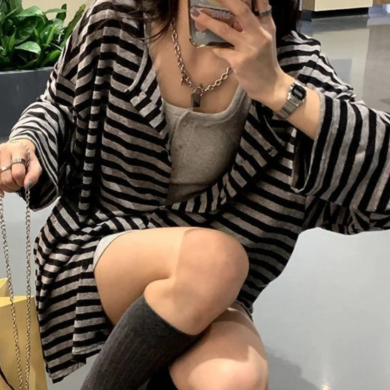 Sweatshirts Women Striped Chic Loose All-match Design Summer Simple Daily Retro Students Tender Sun-proof Classic Korean Style