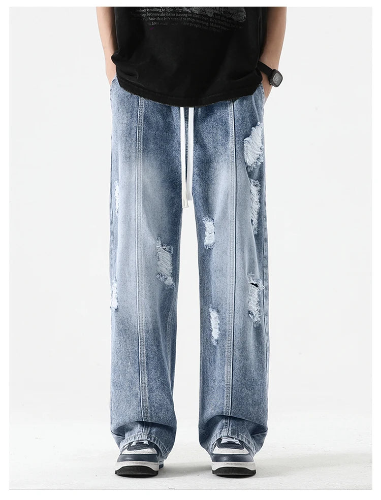 Men’s Summer Loose Ripped Jeans – Retro Straight-Leg Denim Pants with Drawstring Waist, Casual Streetwear Style