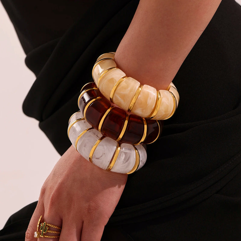 Chunky Ethnic Women Bracelets For Women No Fade Resin Stainless Steel Elastic Rope Handcraft Bangle Luxury Jewelry