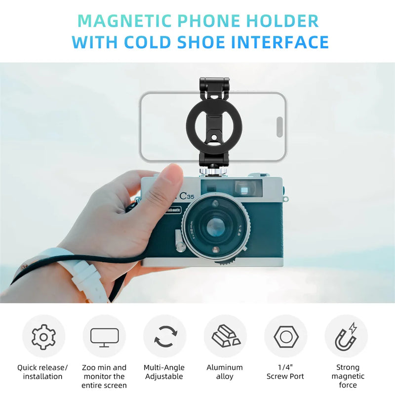 Foldable Magnetic Phone Holder Tripod Mount for MagSafe iPhone 16/15/14/13/12 – DSLR Camera Tripod Accessory with 1/4" Cold Shoe