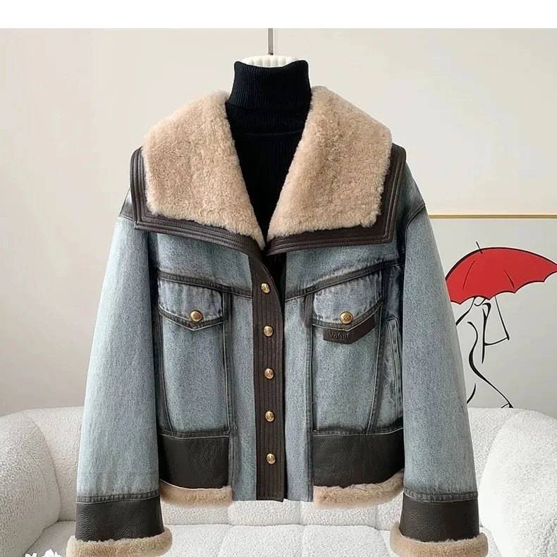 High Quality Denim Women’s Winter Jackets With Natural Sheep Leather with Fur Collar White Goose Down Liningm