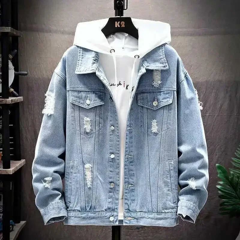 Men’s Patchwork Denim Jacket – Loose Fit Casual Outerwear for Autumn Streetwear
