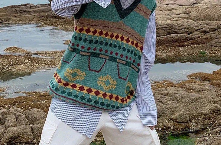 Tatiana Haven Men’s Printed Knit Sweater Vest – V-Neck Casual Korean-Style Fashion Waistcoat for Autumn & Winter