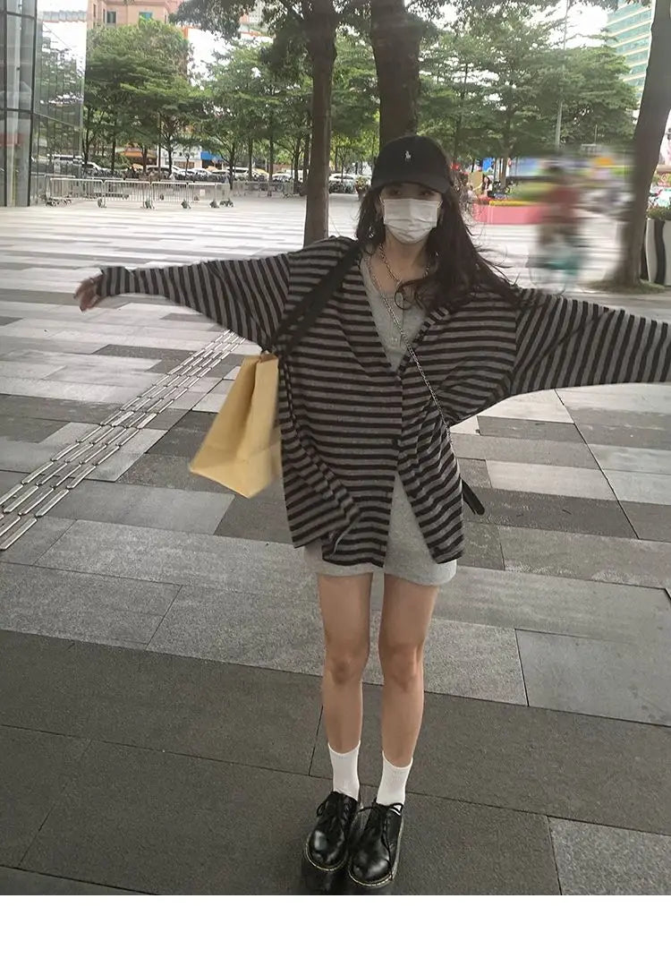 Sweatshirts Women Striped Chic Loose All-match Design Summer Simple Daily Retro Students Tender Sun-proof Classic Korean Style