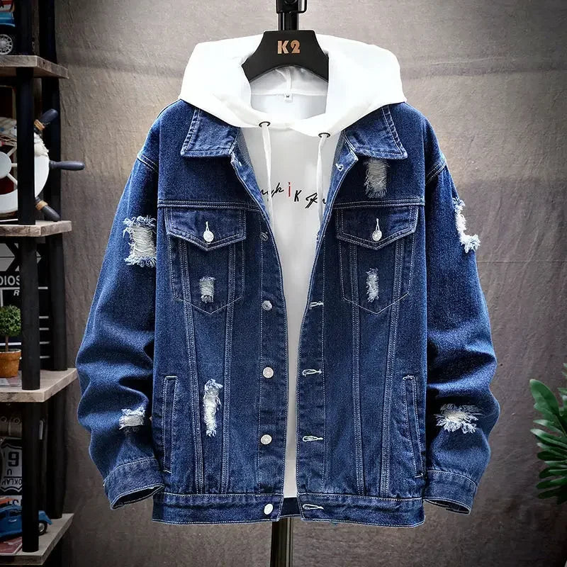 Men’s Patchwork Denim Jacket – Loose Fit Casual Outerwear for Autumn Streetwear