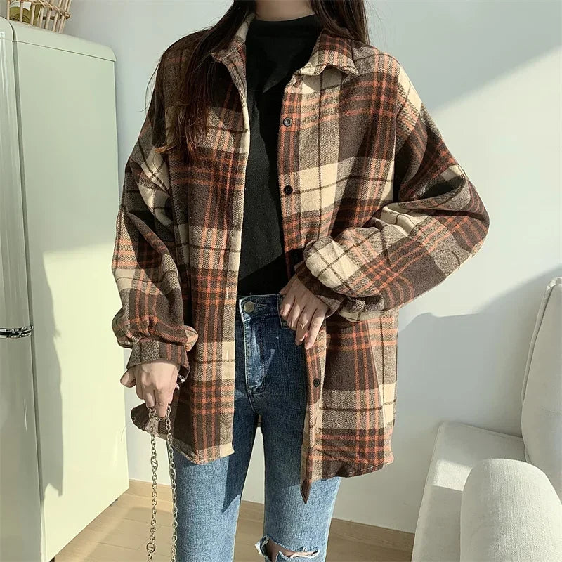 Women’s Oversized Flannel Plaid Shirt – Long Sleeve Button-Down Check Shacket for Autumn & Winter