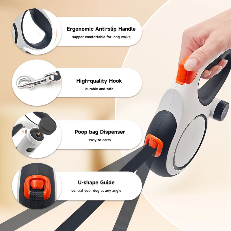 26-foot retractable dog leash, with a portable garbage bag holder attached, pet dog walking leash