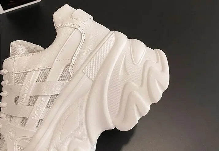 White Chunky Sneakers Women New 2025 Autumn Hidden Heel Platform Sports Dad Shoes Woman Lace Up Breathable Mesh Casual Shoes 8CM