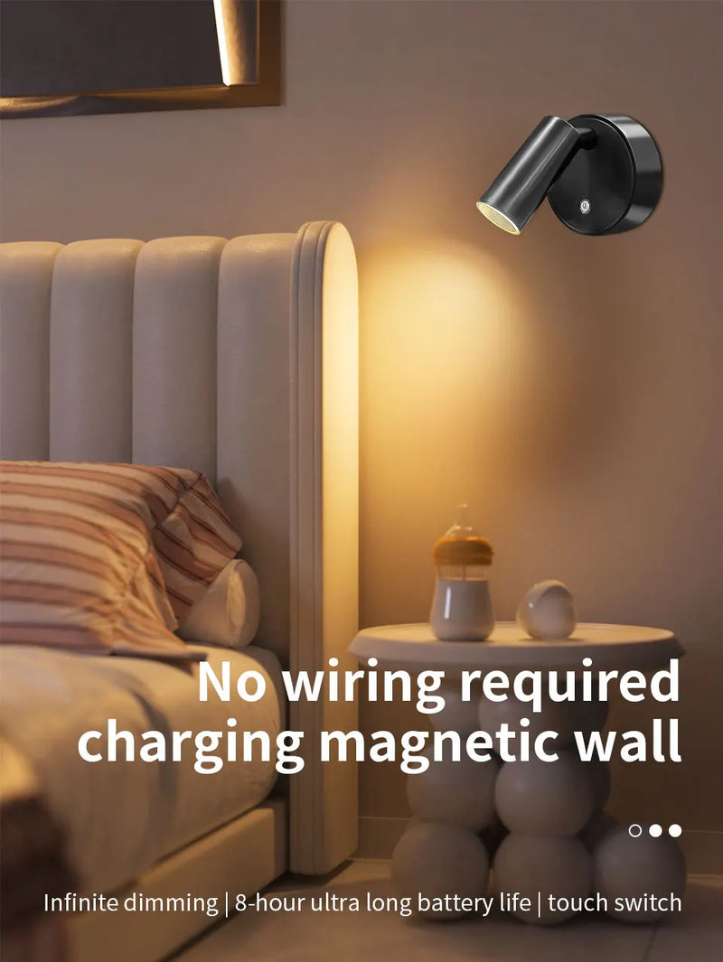 LED Light Magnetic Rechargeable Wall light Spotlight Wireless No Punch Reading Light With Touch Switch Dimmable Bedside Lamp