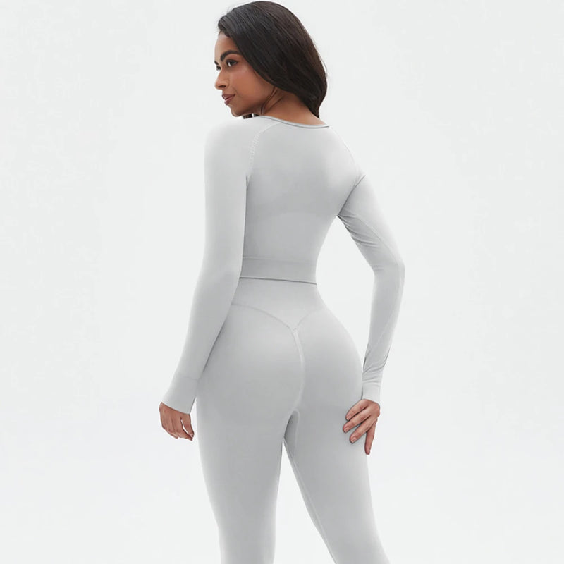 Seamless Two Piece Sets Womens Outifits Long Sleeve Gym Fitess Sport Set Yoga Leggings Matching Sets Exercise Tracksuits Female