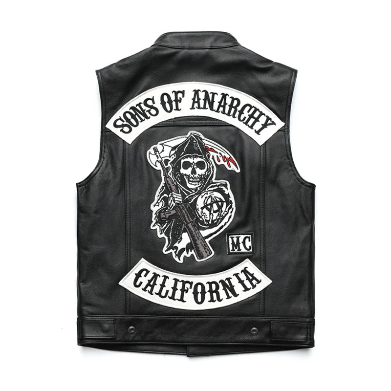 Men Motorcycle Spring Jackets SOA Punk Black Motorbike Gilet Sons of Anarchy Leather Moto Jacket Vest