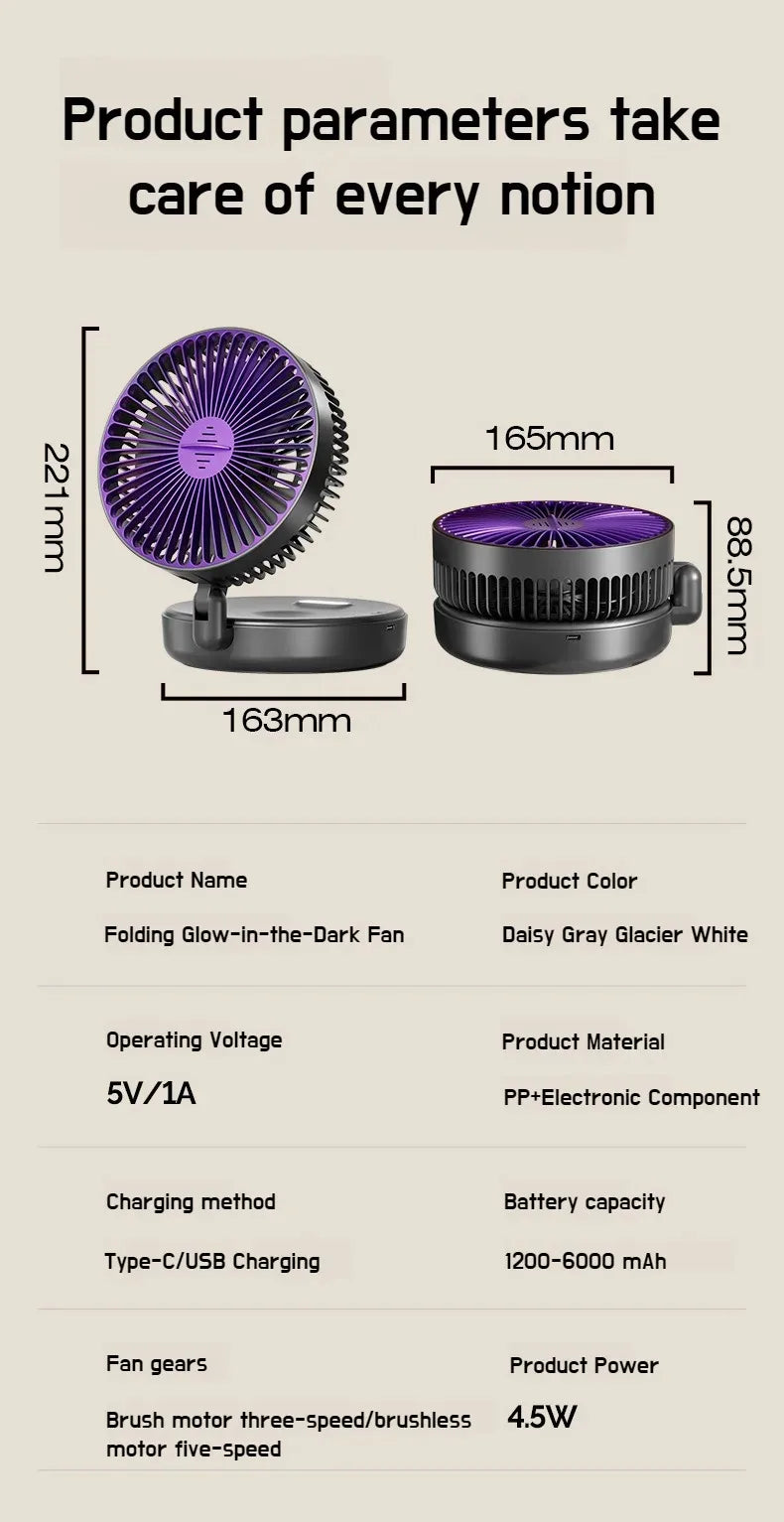 Foldable Desktop Fan Mini  Wall-Mounted Fan With Warm Night Light Rechargeable 4 Gears Adjustable Portable Air Circulation Fan