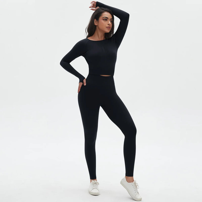 Seamless Two Piece Sets Womens Outifits Long Sleeve Gym Fitess Sport Set Yoga Leggings Matching Sets Exercise Tracksuits Female
