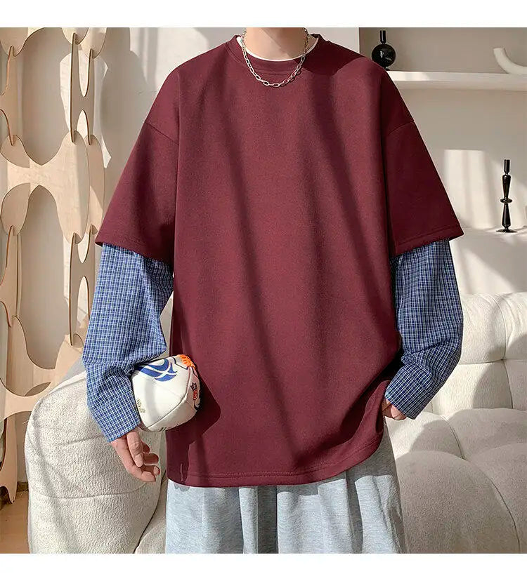 Fashion Oversized Solid Color Fake Two-Piece Hoodie with Checkered Sleeves Trendy Plus Size Pullover for Men and Women Autumn