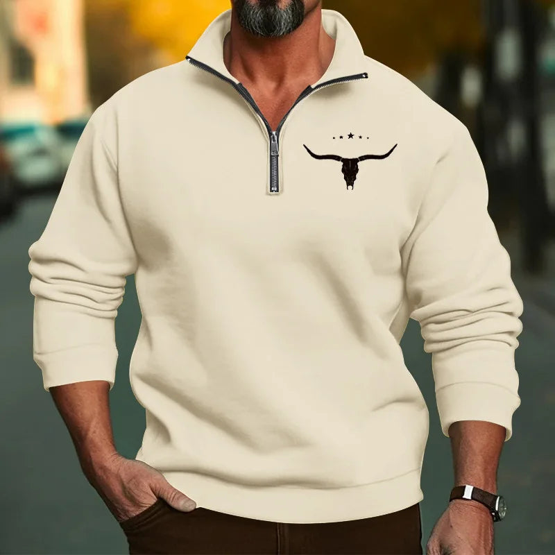 Men’s Winter Fleece Half-Zip Hoodie – Warm Stand Collar Bull Print Sweatshirt