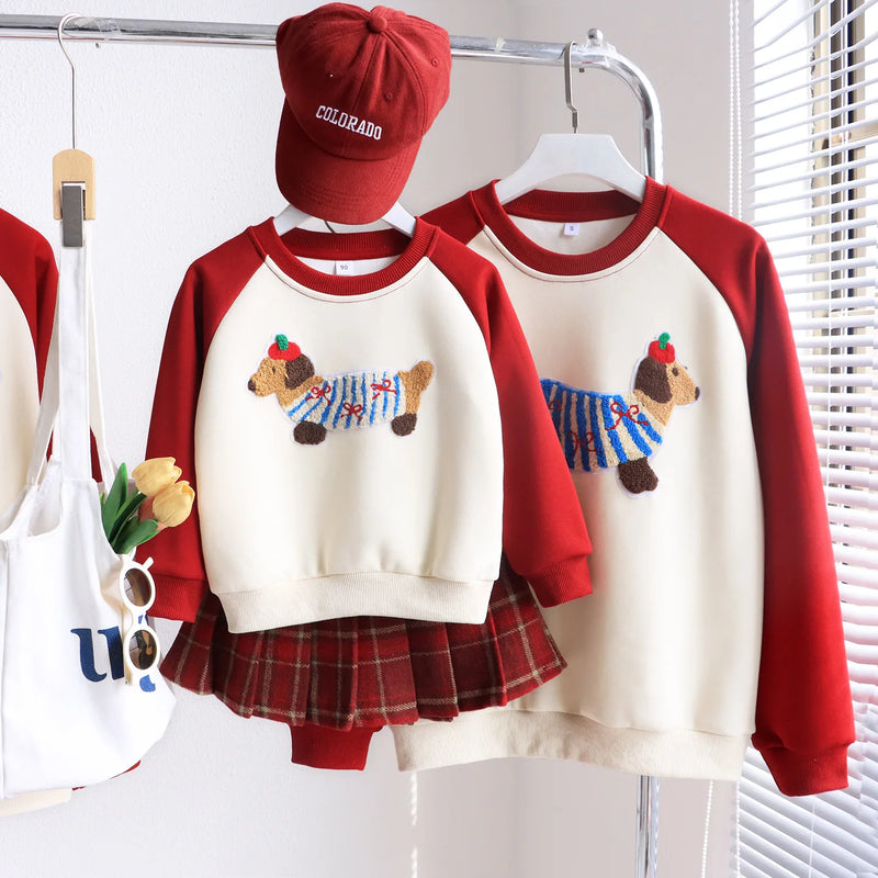 Funny Red Sweatshirts for The Whole Family Matching Clothes Father Mother and Son Daughter Cute Dog Print Tops Newborn Bodysuit