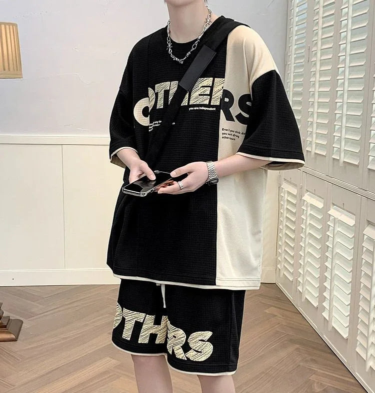 Men’s Alphabet Sportswear Set – Casual Jogging Tracksuit with T-Shirt and Shorts