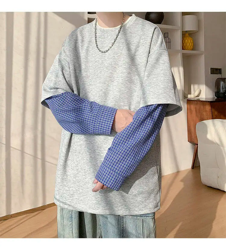 Fashion Oversized Solid Color Fake Two-Piece Hoodie with Checkered Sleeves Trendy Plus Size Pullover for Men and Women Autumn