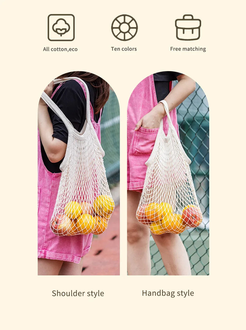 Bremium Reusable Mesh Shopping Bag Cotton Grocery Bags Portable Washable Durable Long Handle Tote Bags Reusable Produce Bags