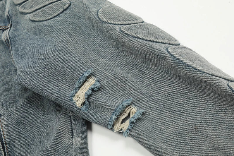 European American High Street Trend Kanye West Denim Jacket Heavyweight Washed Do Old Pleated Ripped Denim Outerwear