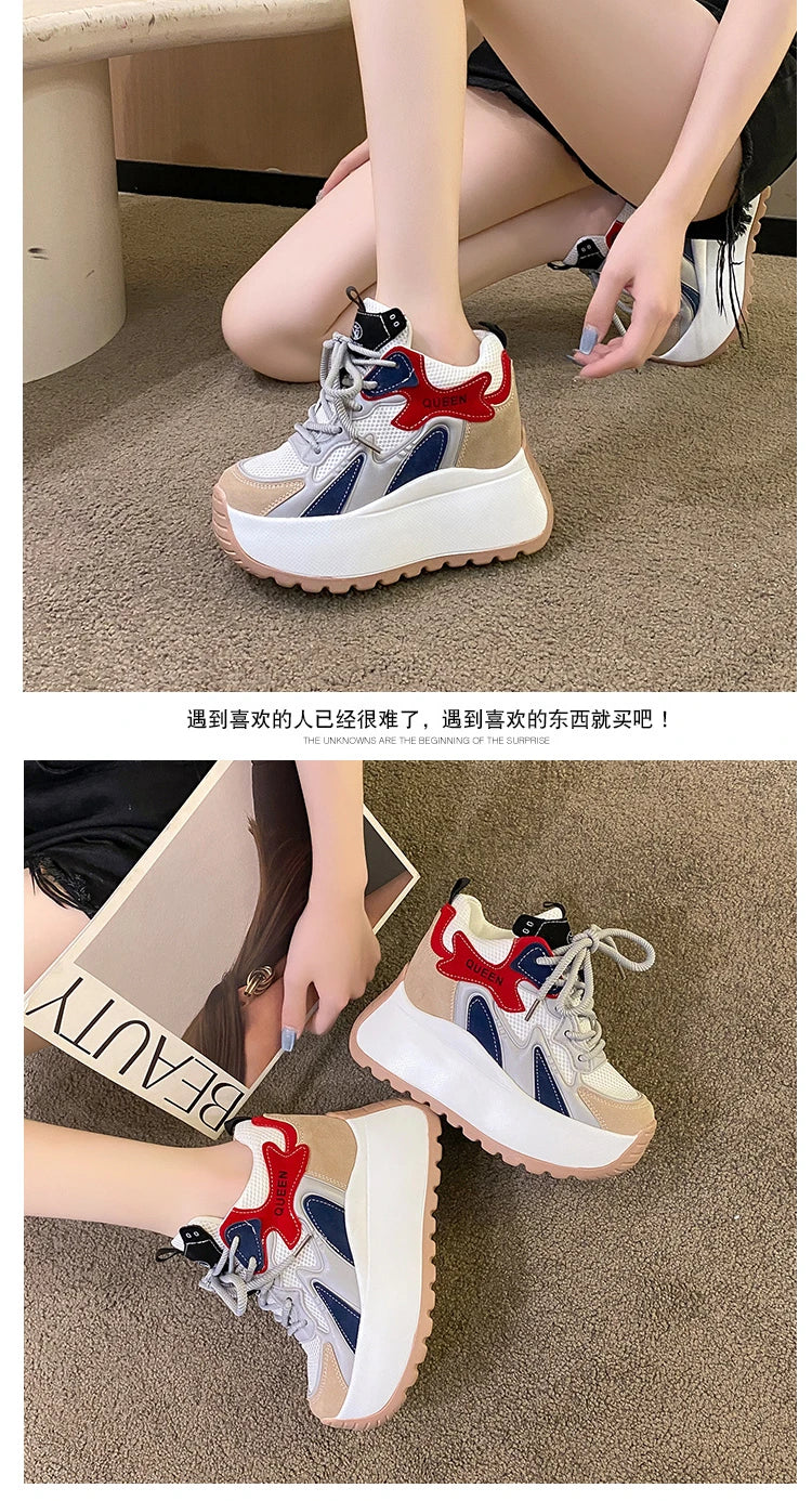 Women Chunky Sneakers 2025 Autumn Breathable Mesh Casual Shoes 11CM Wedge Heels Platform Shoes Chaussures Femme Sports Dad Shoes