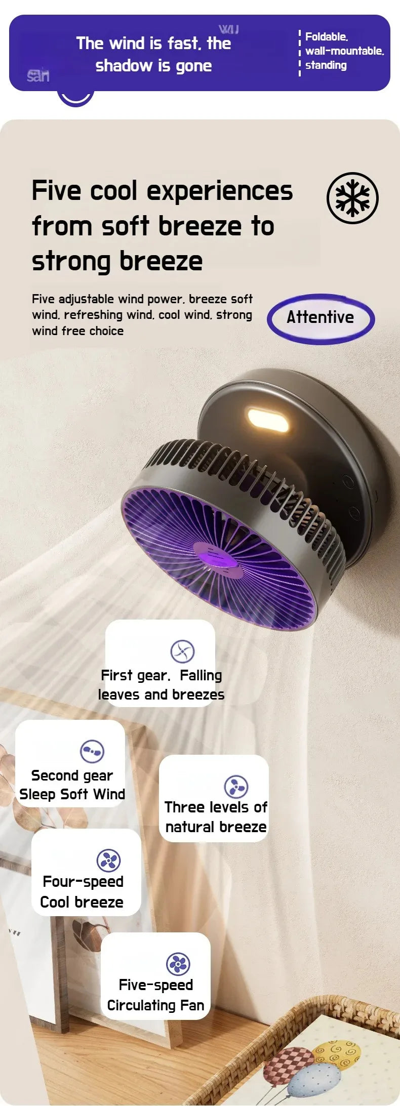Foldable Desktop Fan Mini  Wall-Mounted Fan With Warm Night Light Rechargeable 4 Gears Adjustable Portable Air Circulation Fan