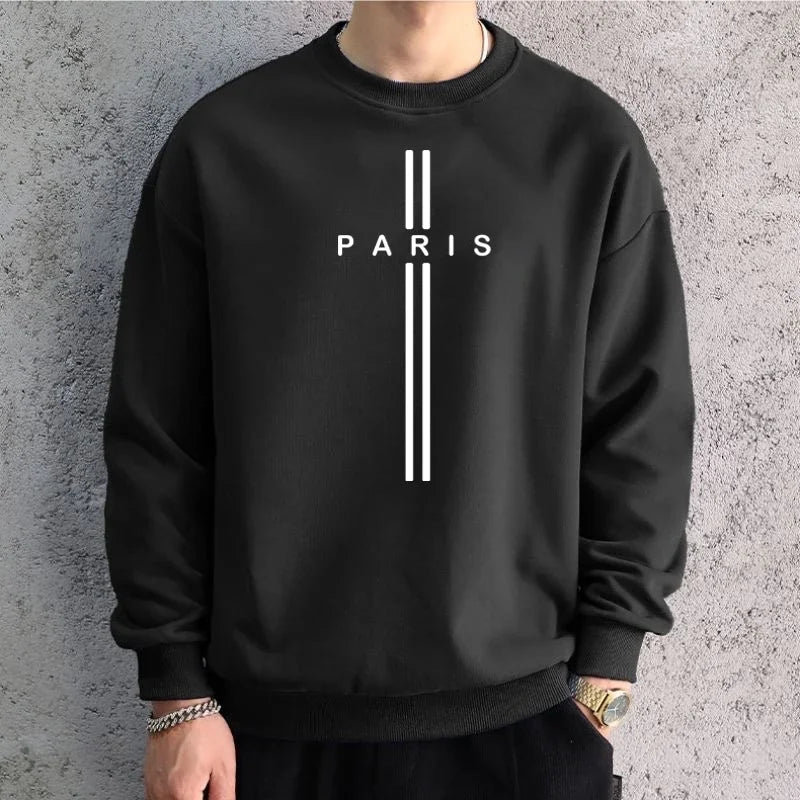 Men Oversized Dark Grey Graphic Sweatshirts Hoodied PARIS Printed Long Sleeve T-shirt Cotton Hiphop Tees Sports Top Men Clothing