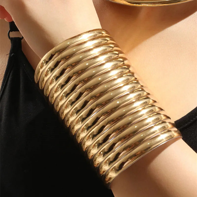 Fashion Golden Color Pu Leather Chunky Necklace Wide Bracelet Sets Punk Style Ethnic Style Jewelry Set For Women Party Accessory