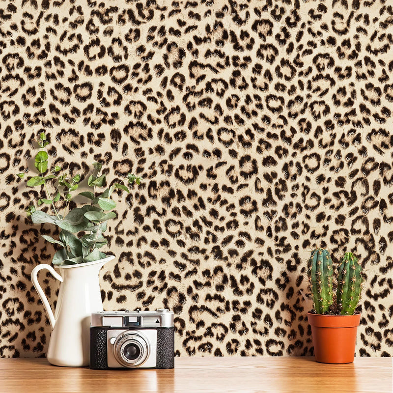 Retro Leopard Peel And Stick Wallpaper Chic Brown Vinyl Self Adhesive Wall Decal for Living Room Bathroom Or Kitchen