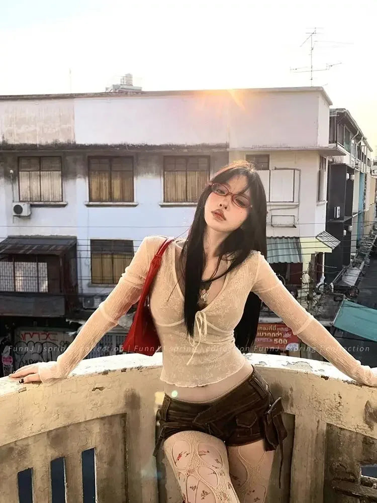 Coquette Aesthetic Mesh T Shirts Women Vintage V Neck Lace Bow Cropped Tops Y2k Sexy Slim Fit Long Sleeve Tee Shirts