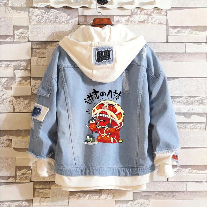 ATTACK ON TITAN Men Denim Jacket Fake two cowboy Hooded Coat Anime Eren Jaeger Levi Titans Men&