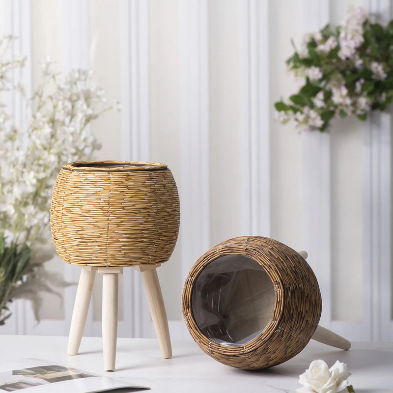 Rustic Rattan Planter With Wooden Legs Household Planter Pot Basket Wood Flower Basket For Indoor Plants Wood Flower Pots