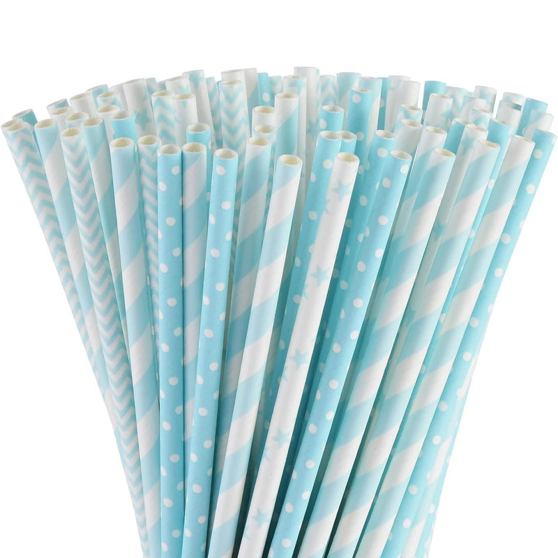 Biodegradable Light Blue White Paper Straws, Pack of 100 Party Straws for Juice, Cocktail, Smoothies, Birthday, Wedding