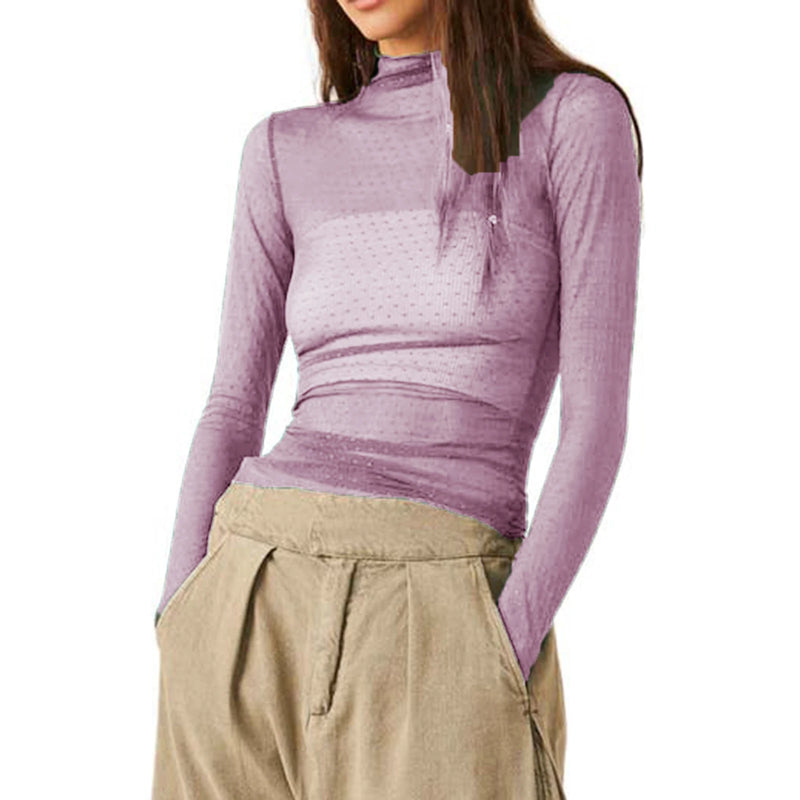 Women Sheer Mesh T-Shirts Mock Neck Long Sleeve Crop Tops Retro See Through Shirt Fairycore Grunge Tees