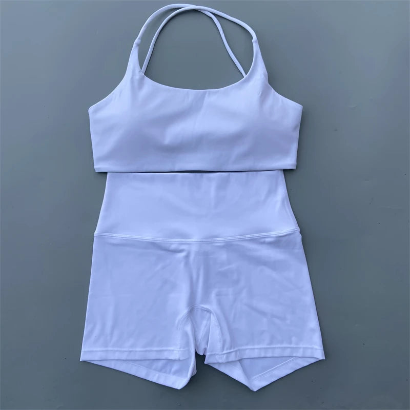 Yoga Shorts Set Gym Two Piece Sports Set Women Workout Outfit Fitness Suit Cross Straps Bra High Waist Shorts Running Tracksuit