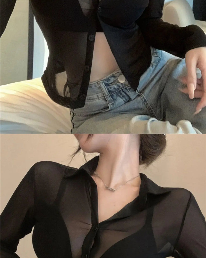 Mesh Sheer Shirts Women Long Sleeve Sunscreen Crop Tops Sexy Summer Thin Breathable Skinny Fashion Ins Streetwear Ladies Chic