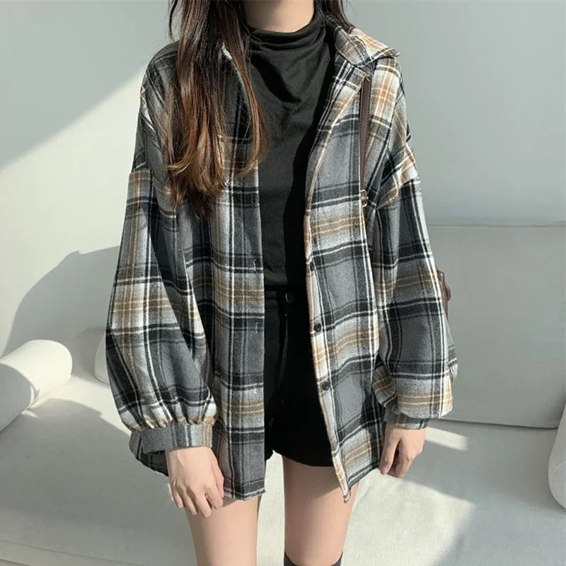 Women’s Oversized Flannel Plaid Shirt – Long Sleeve Button-Down Check Shacket for Autumn & Winter