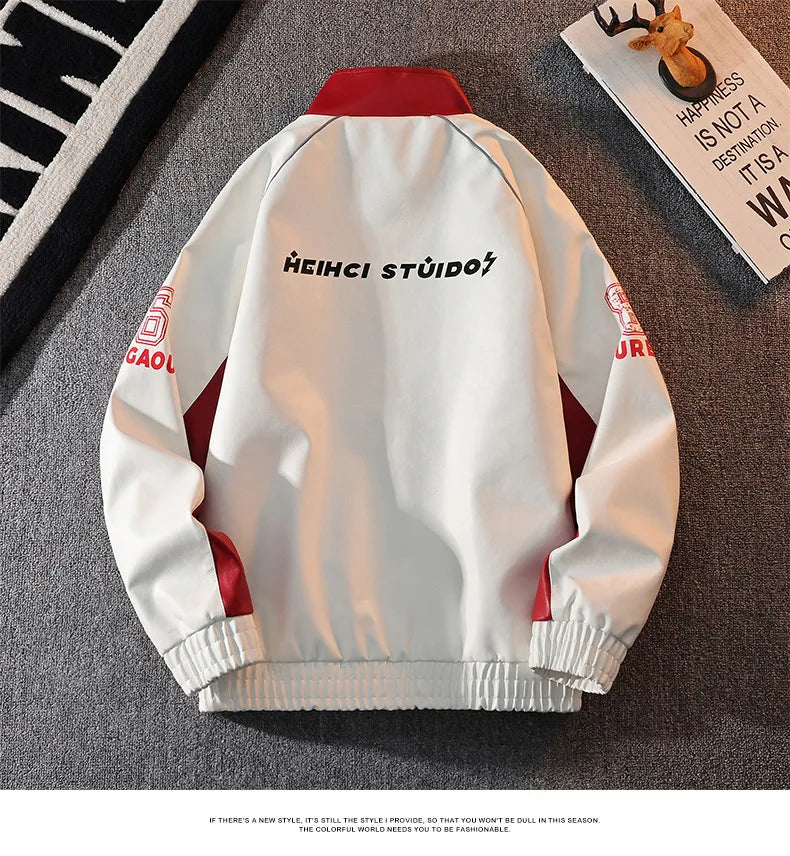 Mens Leather Moto Jacket  Stand Collar Edgy Racing Style Utility Work Coat  Unisex Hong Kong Trend Ins Fashion for Spring Autumn